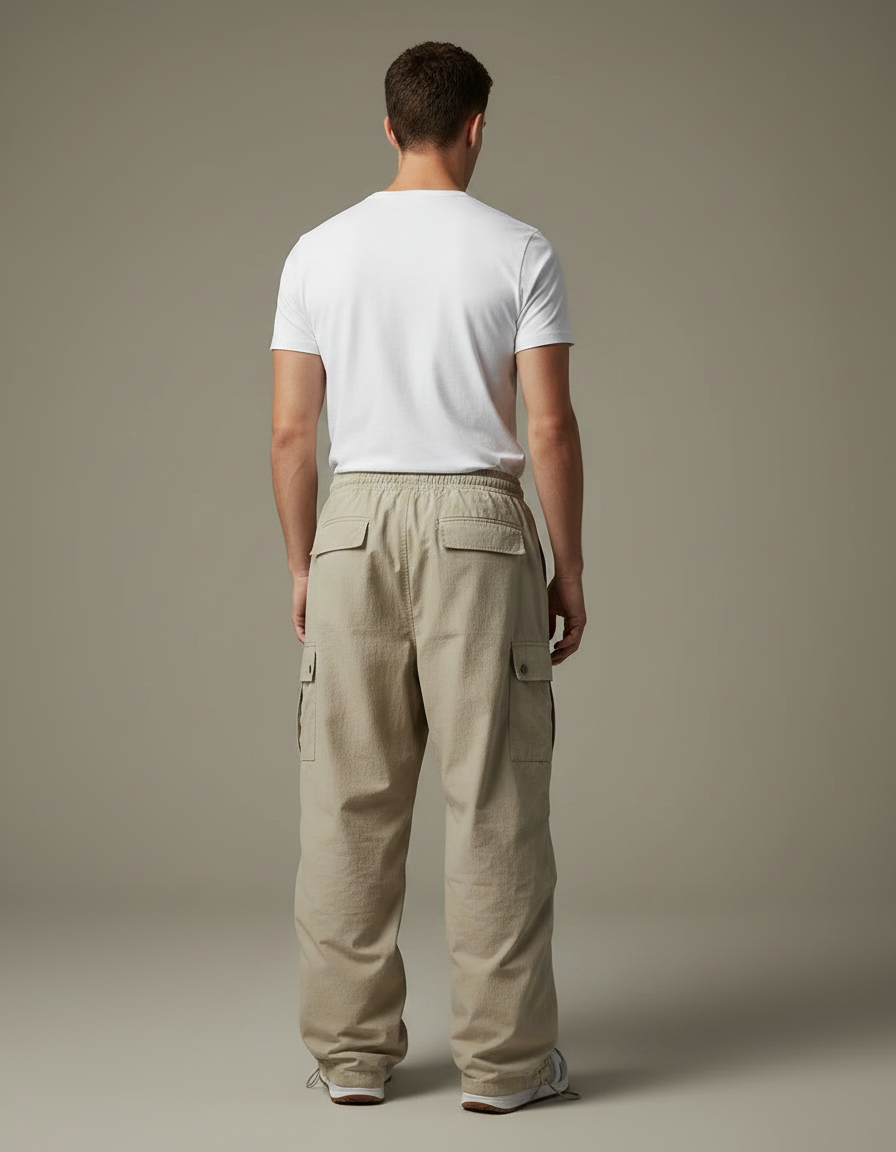 Pantalon Parachute Beige Ample Cargo Décontracté Coton Homme - vue 2