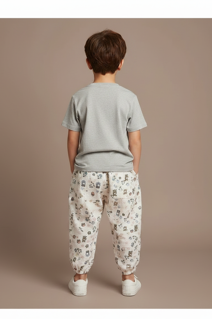 Pantalon Parachute Crème Ample Imprimé Fleuri Coton Enfant - Beige - vue 2
