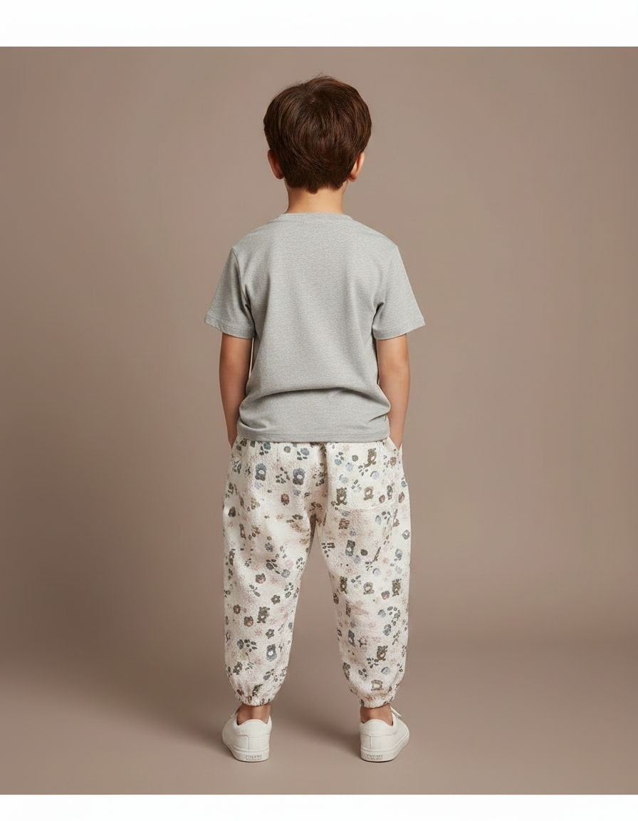 Pantalon Parachute Crème Ample Imprimé Fleuri Coton Enfant - Beige - vue 2
