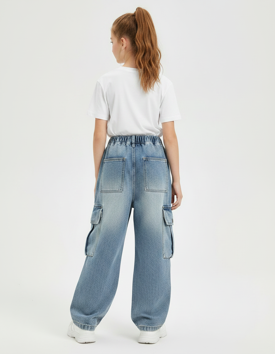 Pantalon Parachute Jean Ample Cargo Fille Décontracté - Bleu - vue 2