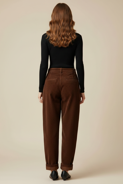 Pantalon Parachute Marron Côtelé Ample Vintage Femme - Cordé - vue 2