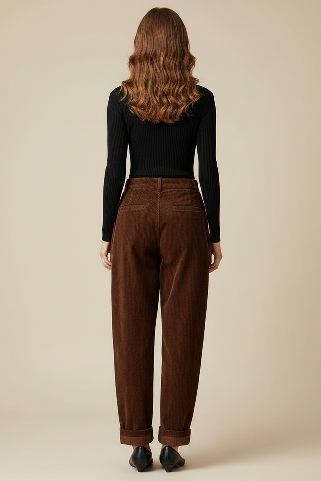 Pantalon Parachute Marron Côtelé Ample Vintage Femme - Cordé - vue 2