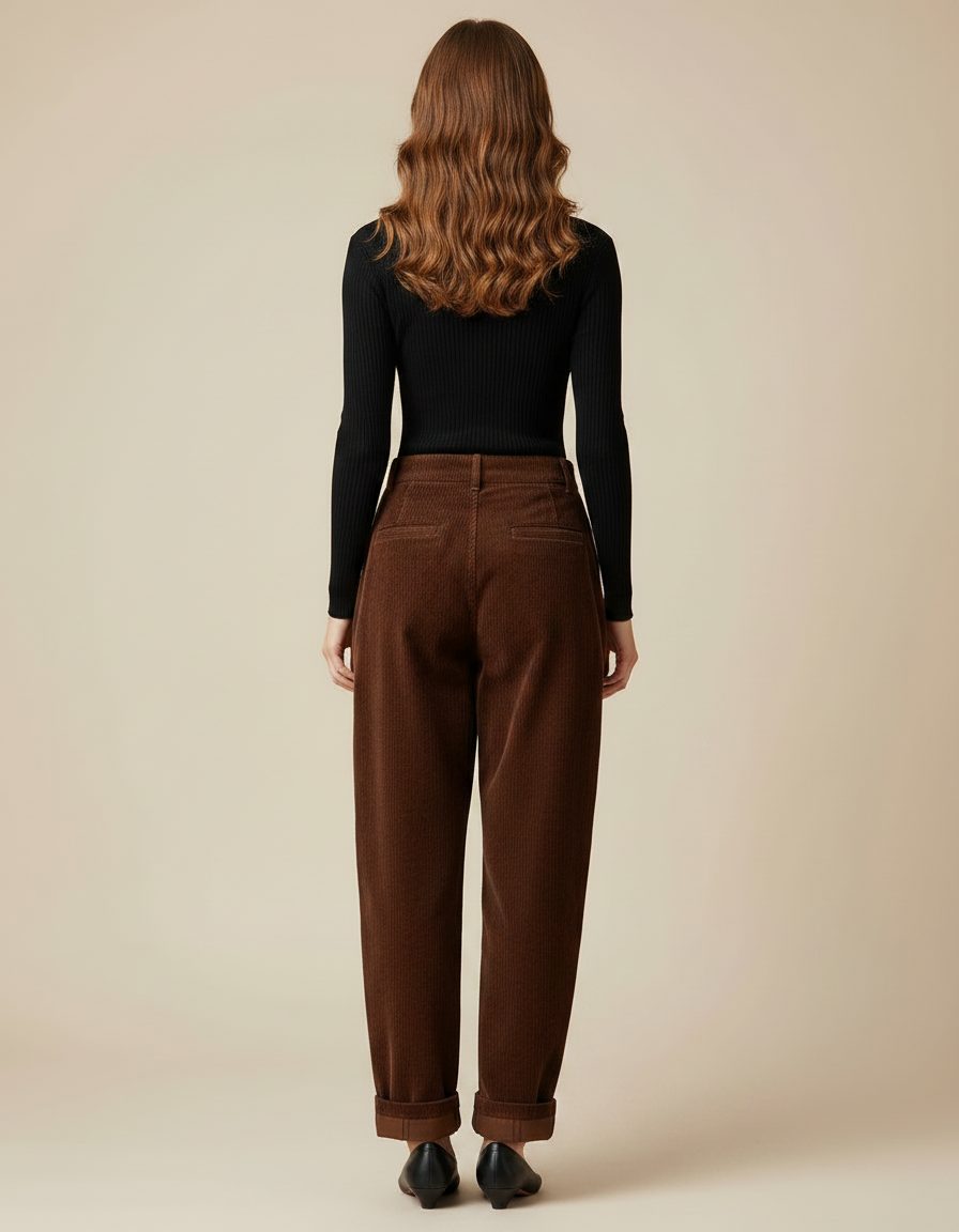 Pantalon Parachute Marron Côtelé Ample Vintage Femme - Cordé - vue 2