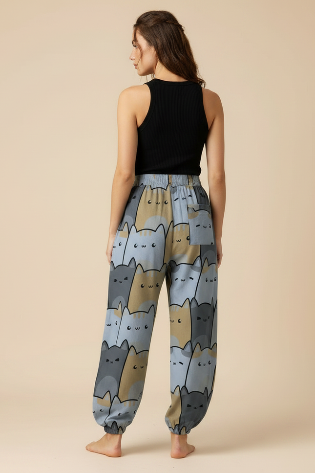 Pantalon Parachute Chat Imprimé Ample Décontracté Élastique - Viscose - vue 2