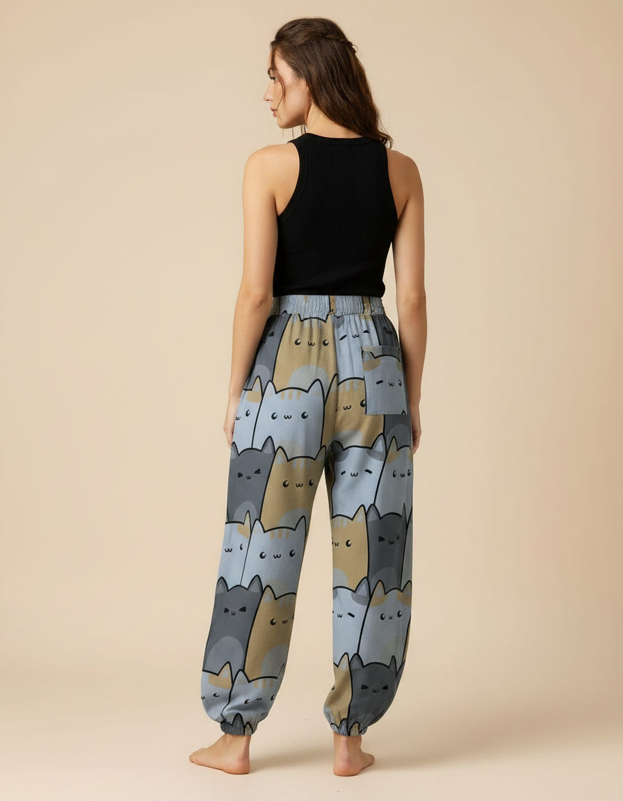 Pantalon Parachute Chat Imprimé Ample Décontracté Élastique - Viscose - vue 2