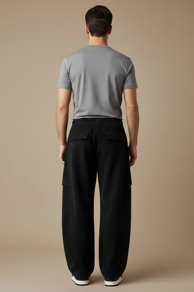Pantalon Parachute Noir Ample Cordon Décontracté Homme - Cordé - vue 2