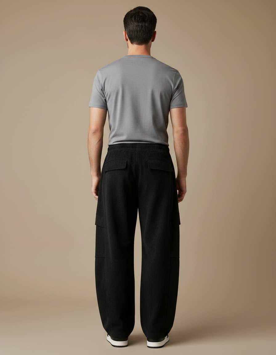 Pantalon Parachute Noir Ample Cordon Décontracté Homme - Cordé - vue 2