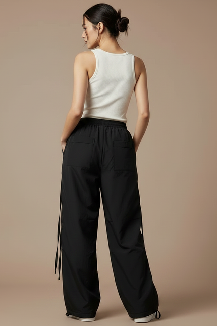 Pantalon Parachute Noir Ample Boutons Sport Femme - Polyester - vue 2