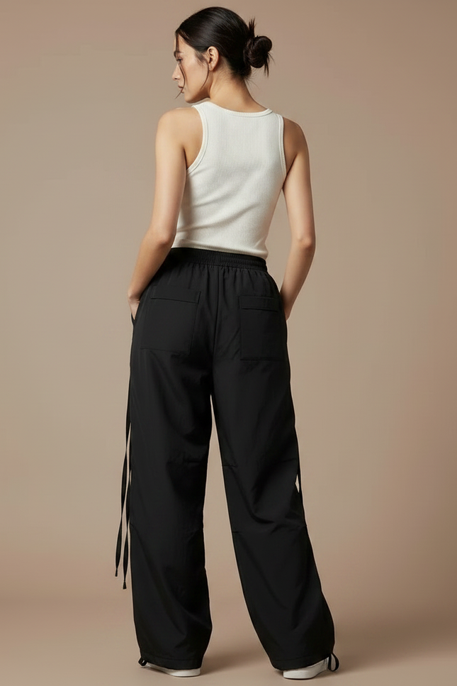 Pantalon Parachute Noir Ample Boutons Sport Femme - Polyester - vue 2
