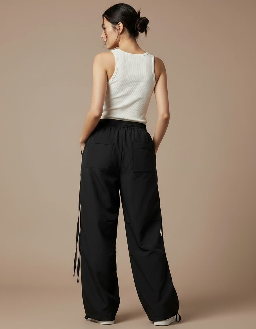 Pantalon Parachute Noir Ample Boutons Sport Femme - Polyester - vue 2