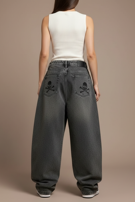 Pantalon Parachute Gris Délavé Ample Crânes Gothique Y2K - Jean - vue 2