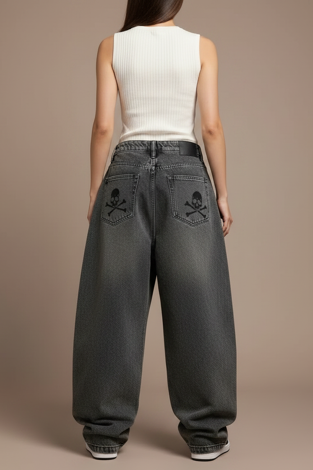 Pantalon Parachute Gris Délavé Ample Crânes Gothique Y2K - Jean - vue 2