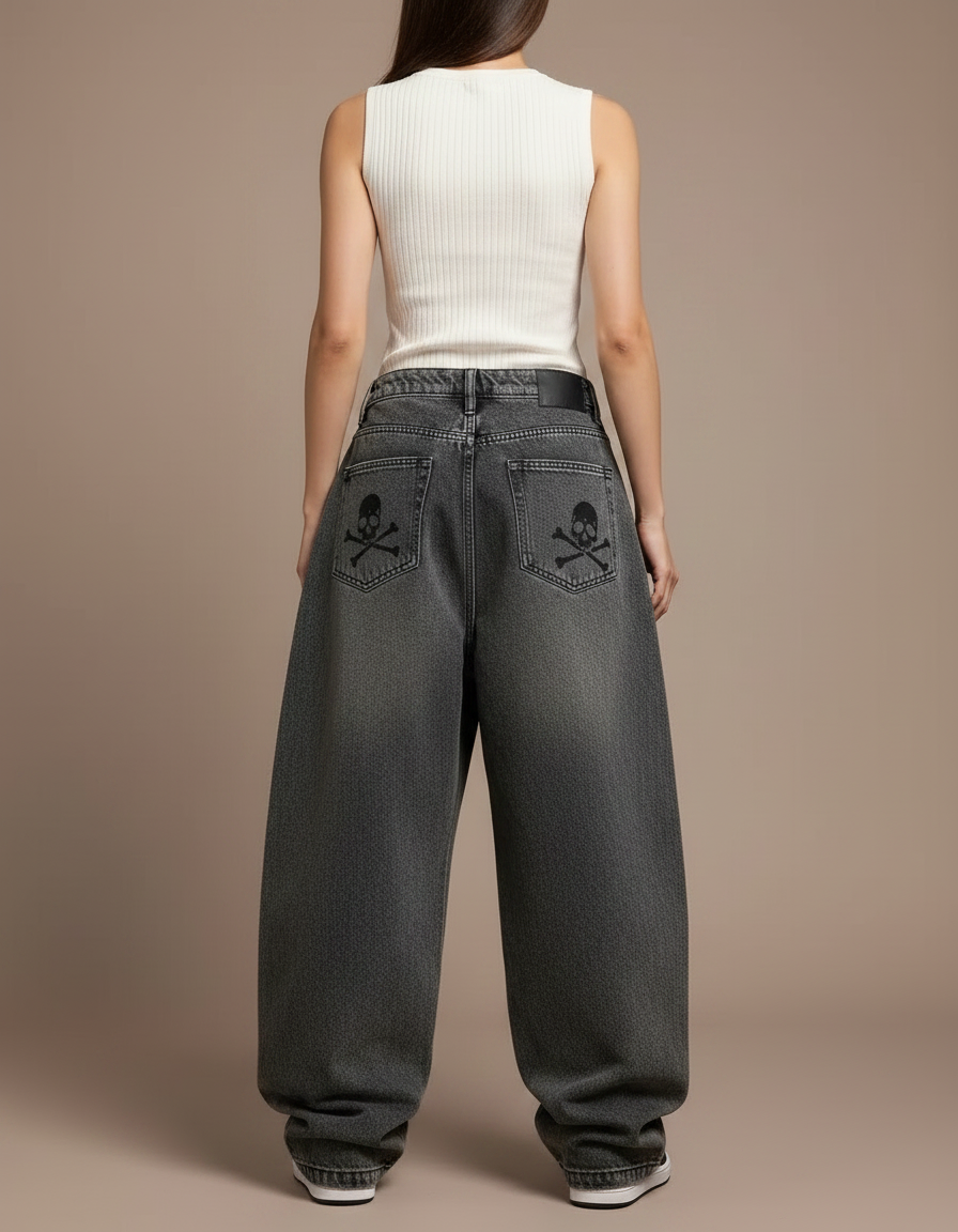 Pantalon Parachute Gris Délavé Ample Crânes Gothique Y2K - Jean - vue 2
