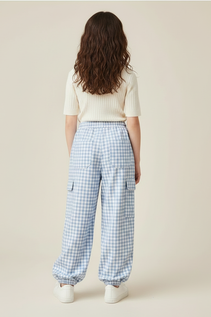 Pantalon Parachute Vichy Bleu Ample Fille Décontracté - Coton - vue 2