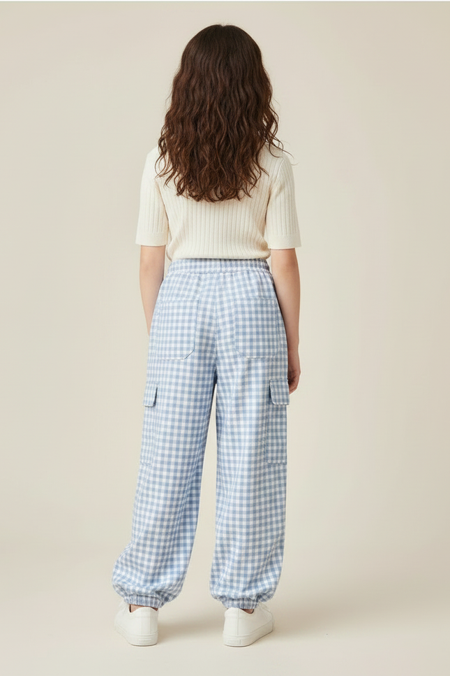Pantalon Parachute Vichy Bleu Ample Fille Décontracté - Coton - vue 2