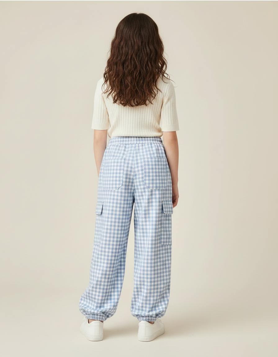 Pantalon Parachute Vichy Bleu Ample Fille Décontracté - Coton - vue 2
