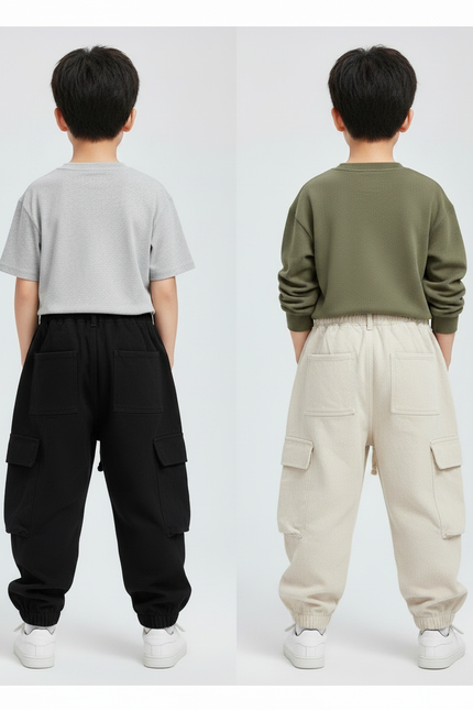 Pantalon Parachute Cargo Ample Coton Enfant Streetwear - Noir Molleton - vue 2