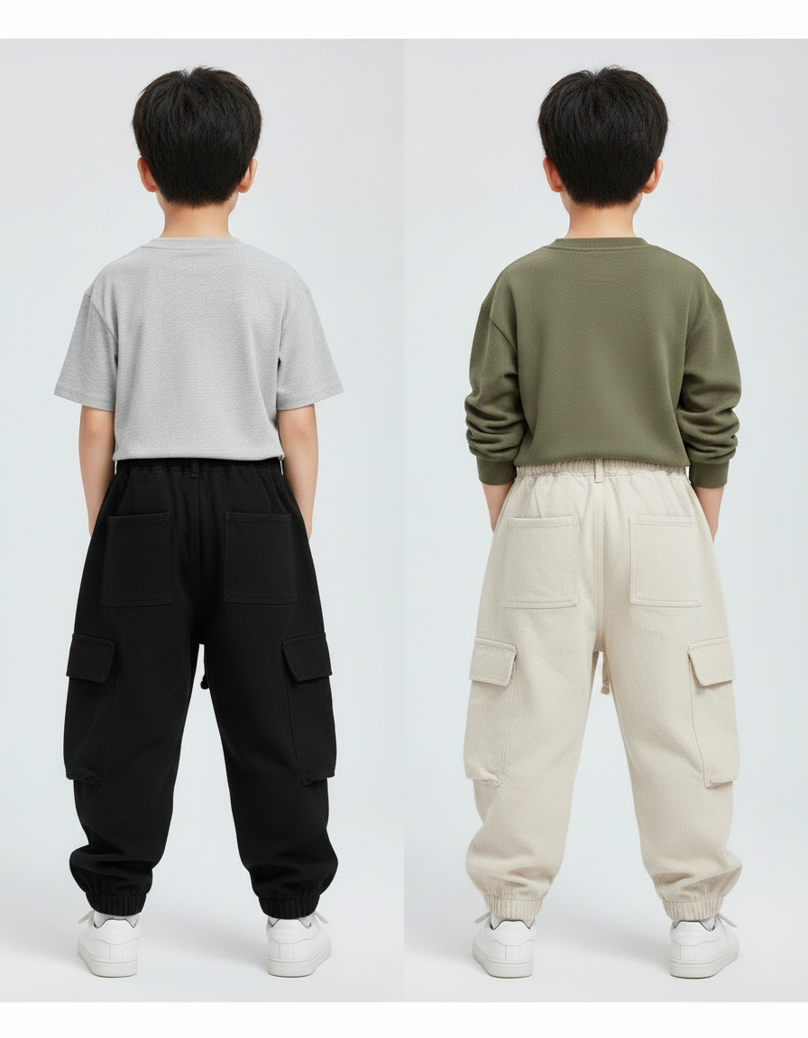 Pantalon Parachute Cargo Ample Coton Enfant Streetwear - Noir Molleton - vue 2