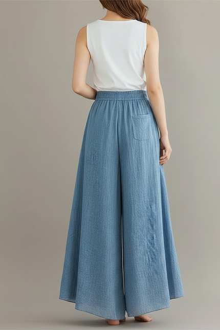 Pantalon Parachute Bleu Lin Ample Décontracté Femme - vue 2