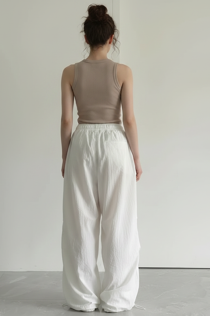Pantalon Parachute Blanc Ample Cargo Fluide Décontracté - Polyester - vue 2