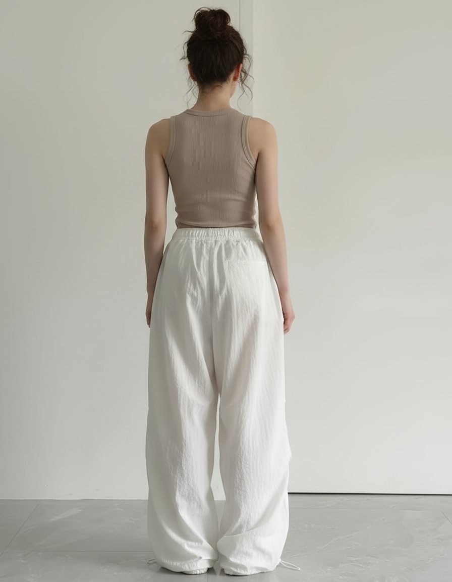 Pantalon Parachute Blanc Ample Cargo Fluide Décontracté - Polyester - vue 2