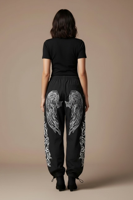 Pantalon Parachute Noir Ample Ailes Blanches Y2K Femme - Polyester - vue 2