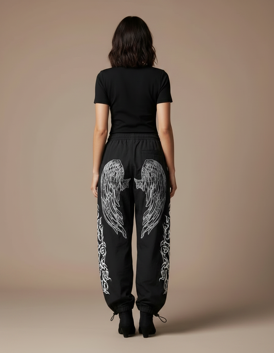 Pantalon Parachute Noir Ample Ailes Blanches Y2K Femme - Polyester - vue 2
