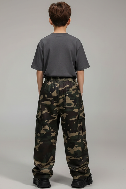 Pantalon Parachute Camouflage Ample Enfant Décontracté - Kaki Polyester - vue 2