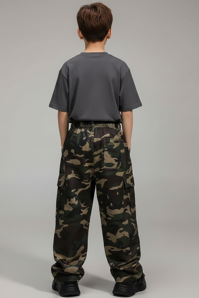 Pantalon Parachute Camouflage Ample Enfant Décontracté - Kaki Polyester - vue 2