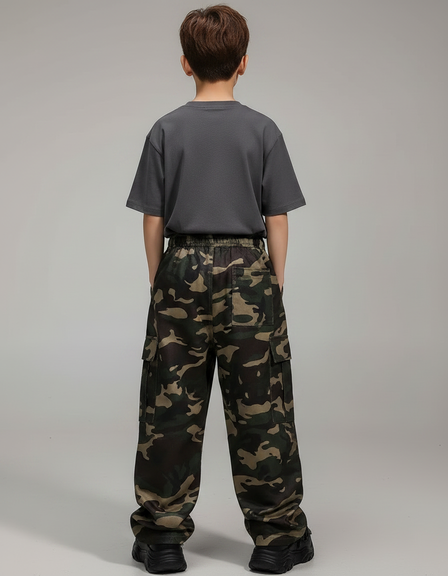 Pantalon Parachute Camouflage Ample Enfant Décontracté - Kaki Polyester - vue 2