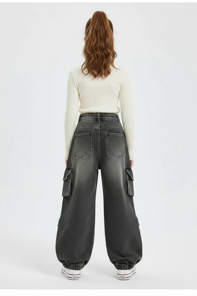 Pantalon Parachute Gris Délavé Cargo Ample Enfant - Jean - vue 2