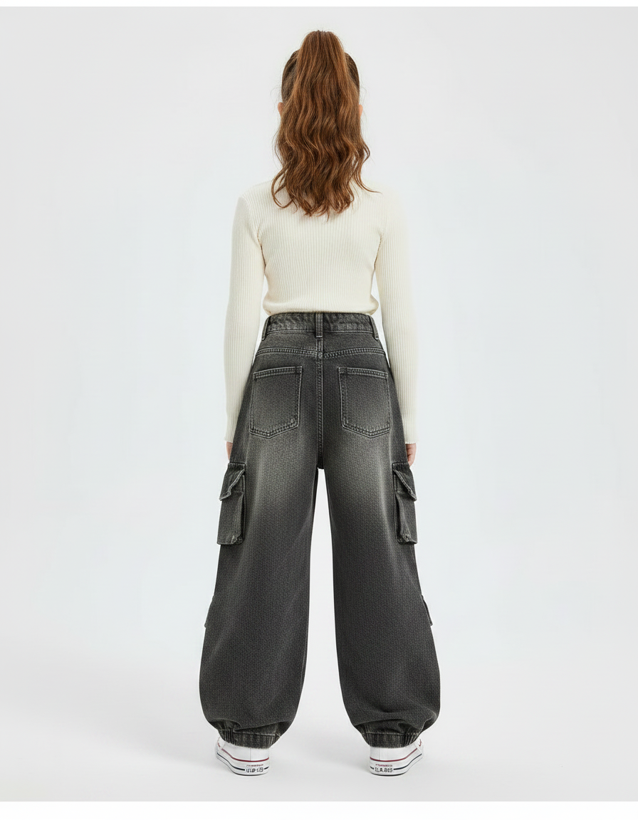 Pantalon Parachute Gris Délavé Cargo Ample Enfant - Jean - vue 2