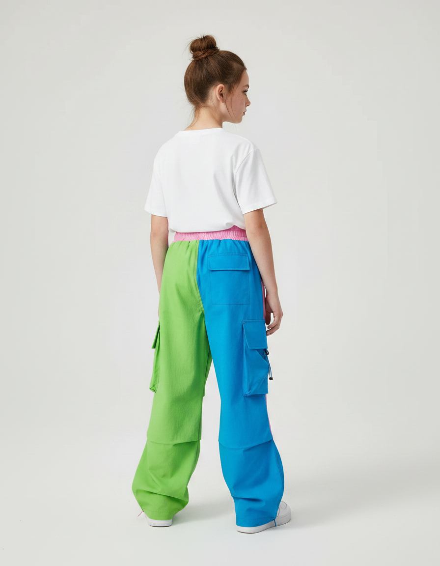 Pantalon Parachute Bicolore Cargo Ample Enfant Décontracté - Multicolore Polyester - vue 2