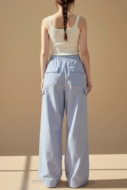 Pantalon Parachute Bleu Clair Ample Cargo Taille Haute - Coton - vue 2