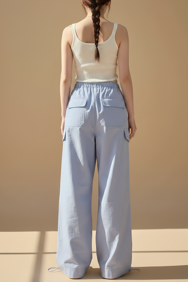 Pantalon Parachute Bleu Clair Ample Cargo Taille Haute - Coton - vue 2