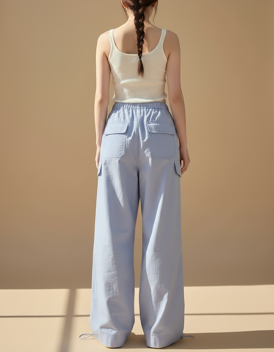Pantalon Parachute Bleu Clair Ample Cargo Taille Haute - Coton - vue 2
