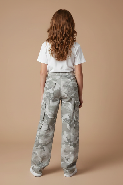 Pantalon Parachute Camouflage Gris Ample Cargo Fille - Toile - vue 2