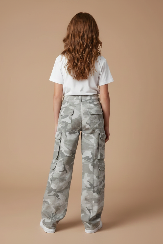 Pantalon Parachute Camouflage Gris Ample Cargo Fille - Toile - vue 2