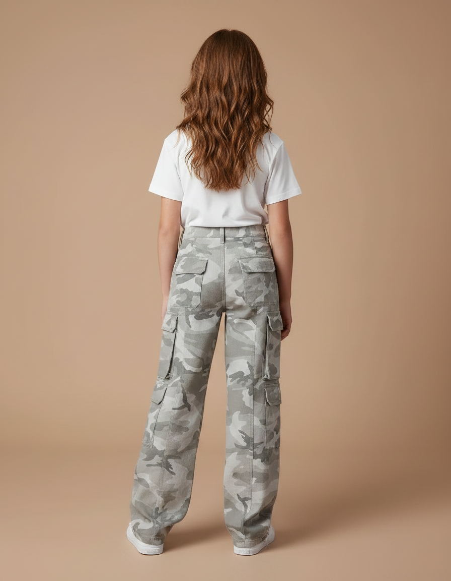 Pantalon Parachute Camouflage Gris Ample Cargo Fille - Toile - vue 2