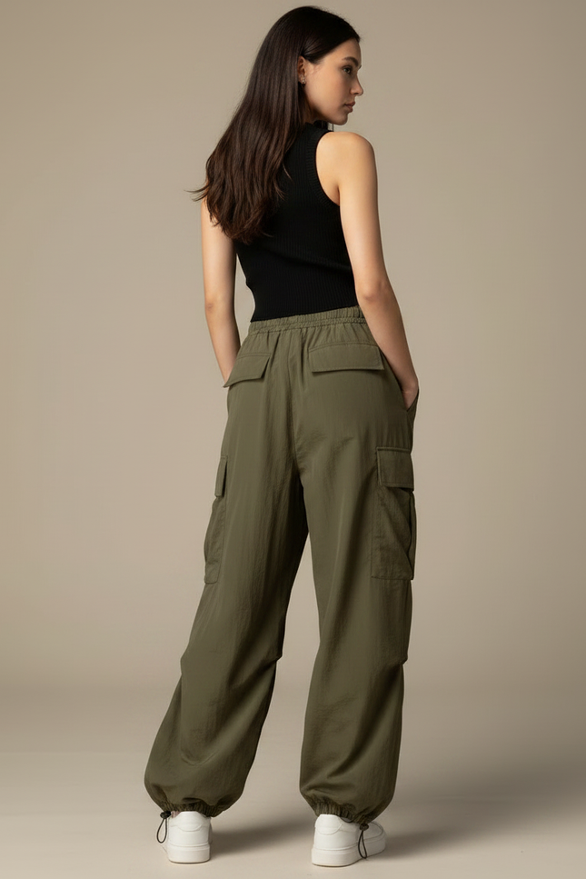 Pantalon Parachute Kaki Cargo Femme Ample Fluide - Polyester - vue 2