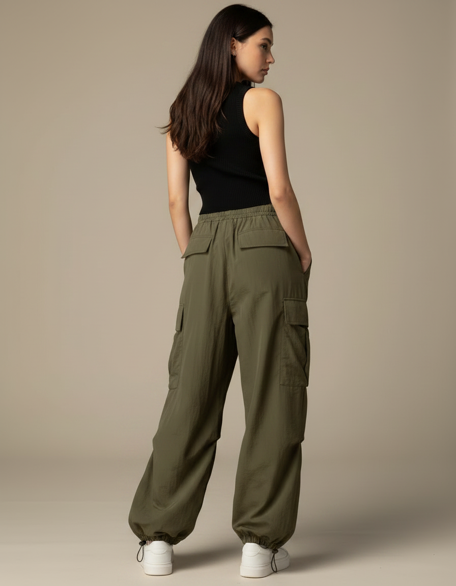 Pantalon Parachute Kaki Cargo Femme Ample Fluide - Polyester - vue 2