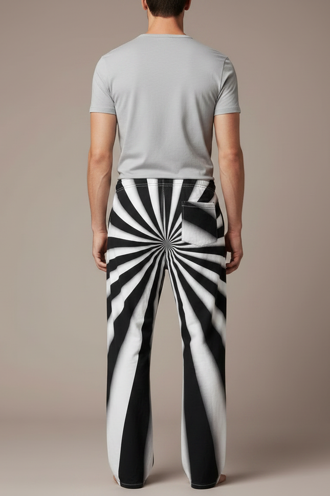 Pantalon Parachute Rayé Noir Blanc Ample Cordon - Imprimé Molleton - vue 2