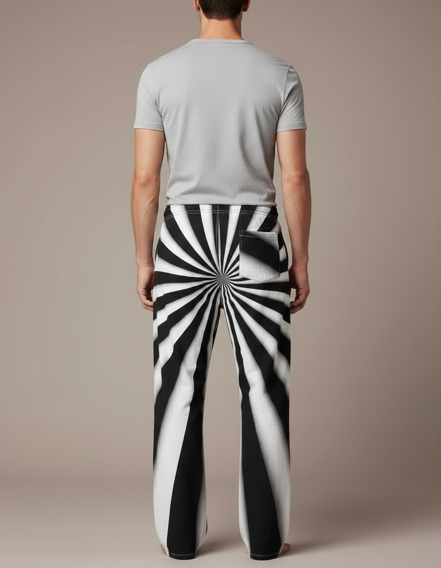 Pantalon Parachute Rayé Noir Blanc Ample Cordon - Imprimé Molleton - vue 2