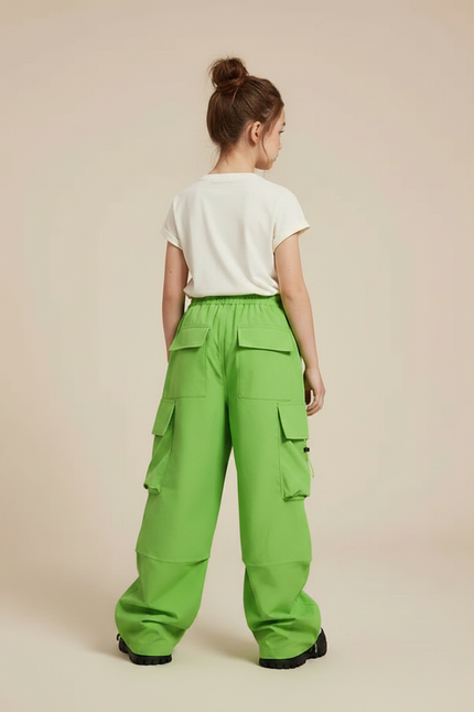 Pantalon Parachute Vert Cargo Ample Décontracté Fille - Polyester - vue 2