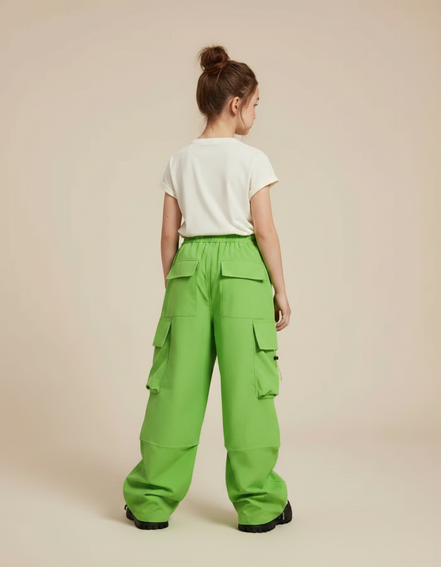 Pantalon Parachute Vert Cargo Ample Décontracté Fille - Polyester - vue 2