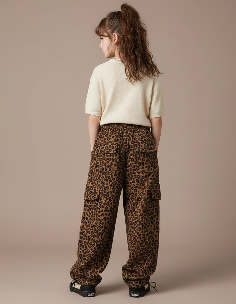 Pantalon Parachute Léopard Ample Cargo Fille Tendance - Imprimé Molleton - vue 2