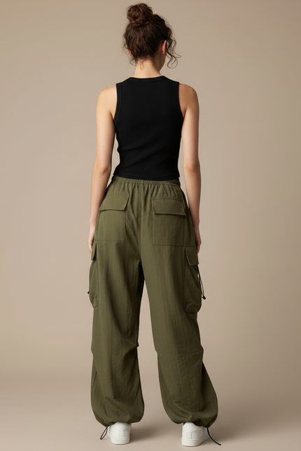 Pantalon Parachute Vert Ample Cargo Femme - Kaki Polyester - vue 2