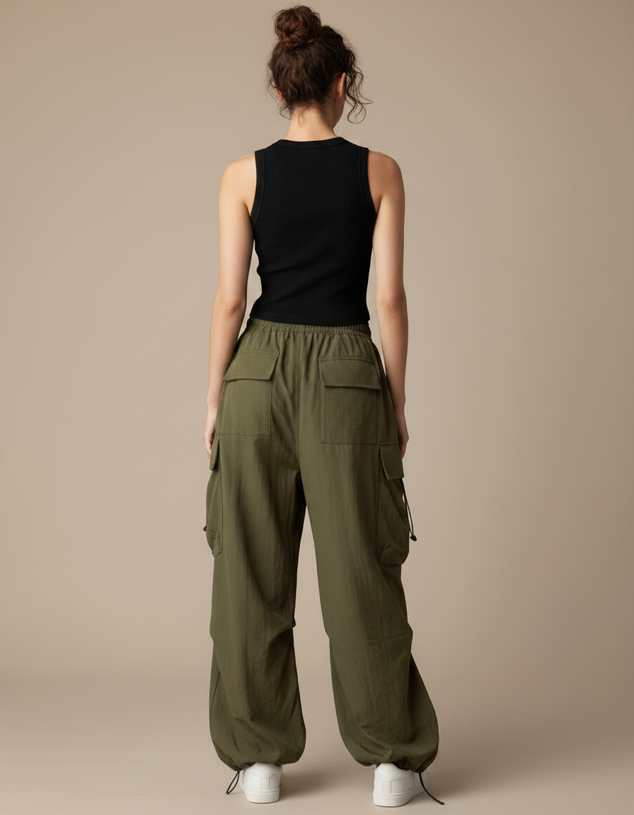 Pantalon Parachute Vert Ample Cargo Femme - Kaki Polyester - vue 2