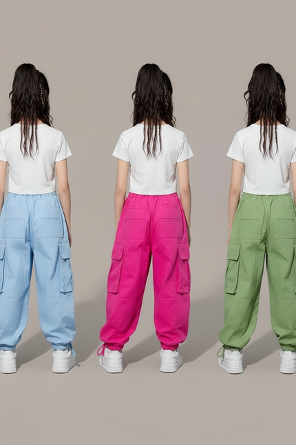 Pantalon Parachute Fluide Ample Cargo Fille Style Coréen - Bleu Polyester - vue 2