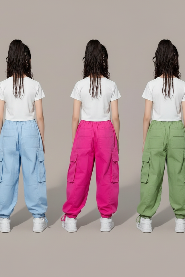 Pantalon Parachute Fluide Ample Cargo Fille Style Coréen - Bleu Polyester - vue 2